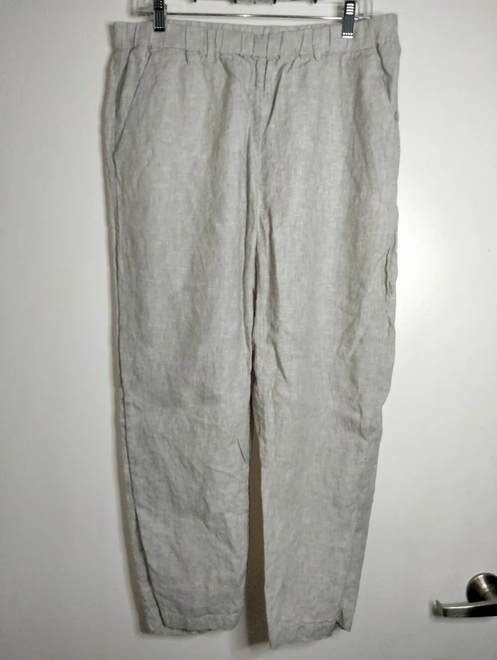Quince (Size L) Oatmeal 100% Linen Slip Pocket Elastic Pull-on Waist Crop Pants